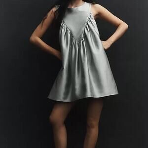 Beautiful metallic silver satin mini dress from Mare Mare x Anthropologie
